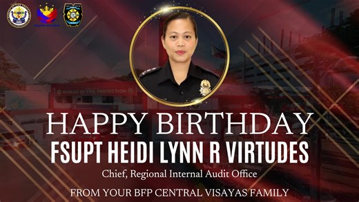 The Bureau of Fire Protection Regional Office 7, under the leadership of 𝐅𝐂𝐒𝐔𝐏𝐓 𝐅𝐑𝐄𝐃 𝐋 𝐓𝐑𝐀𝐉𝐄𝐑𝐀𝐒, 𝐉𝐑., 𝐃𝐒𝐂, Regional Director, warmly extends its sincerest Birthday Greetings to 𝐅𝐒𝐔𝐏𝐓 𝐇𝐄𝐈𝐃𝐈 𝐋𝐘𝐍𝐍 𝐑 𝐕𝐈𝐑𝐓𝐔𝐃𝐄𝐒, Chief, Regional Internal Audit Office. Your remarkable dedication, professionalism, and steadfast commitment to public service continue to exemplify true leadership and inspire every member of BFP Region 7 to strive for excellence. On this special