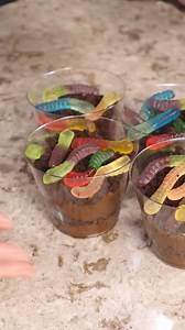 Dollar Tree Halloween Treats: Gummy Worm Dirt Cups! 🪱🍫 Makes 4 You Will Need: 1 box of Milky Way pudding mix, $1.25 1 box of Pre-baked brownies, $1.25 1 bag Gummy Worms, $1.25 2 C cold milk $1.25 Optional: Plastic punch cups Total: $5.00! ($6.25 with cups) Crumble all of your brownies. Make pudding according to package directions and layer pudding and brownie crumbs in alternating layers ending with crumbled brownies on top to look like dirt. Top with a few gummy worms and enjoy! #halloween #h