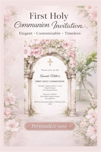 Elegant First Holy Communion Invitation | Custom Floral Design