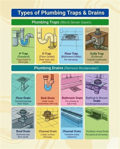 TYPES OF PLUMBING TRAPS AND DRAINS EXPLAINED This informative visual clearly explains the most commonly used plumbing traps and drains in residential and commercial buildings. A proper understanding of these components is essential for smooth wastewater flow odor control and long term plumbing performance. This guide is especially helpful for civil engineers plumbers contractors students and homeowners. PLUMBING TRAPS AND THEIR PURPOSE Plumbing traps are designed to block harmful sewer gases fro