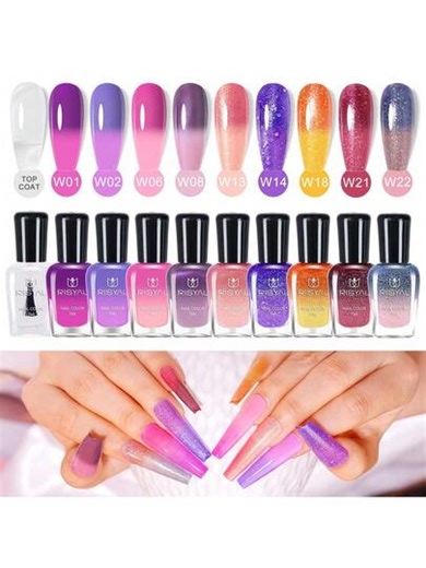 RISYAL 10pcs*7ml Thermal-Activated Nail Polish Set, Red/Purple Color-Changing Nail Polish Gradient Without Curing, Temperature-Sensitive Gradual Color-Shifting, Long-Lasting Oil-Based Unremovable | SHEIN