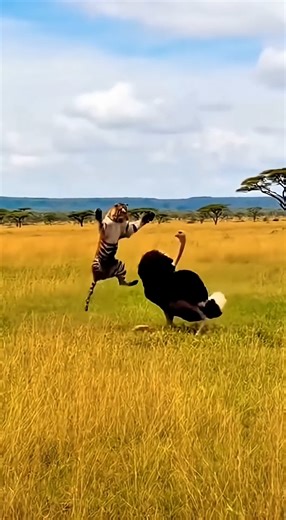 Ostrich fighting with tiger in the grassland 초원에서 호랑이와 싸우는 타조 #tiger #ostrich #shorts | Wildlife Birds
