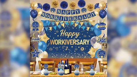 DARUNAXY Happy Workiversary Party Decorations for Men Women, Blue Gold Happy Work Anniversary Banner Cake Topper Hanging Swirl Confetti Balloons Decor Set for Employee Office Party Supplies(31PC)