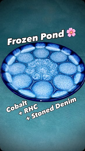 Samy Boulos - Pottery on Instagram: "End Result included!🔥 Frozen Pond 🌸Flower🌸-Glazing — Cobalt Edition! 😅 Using Cobalt as the base glaze this time, Running Hot Chowder („RHC“) for the dots as usual, and Stoned Denim as covering glaze — which is one of many Frozen-Pond (or „Midnight Blues“) glaze combo recipes from Kathy McGuire ( @klm4655 )❣️ 😅🙏👏 I really like how this plate came out here — I think I might try with just 1x Stoned Denim next time, or maybe just in the middle less of it,