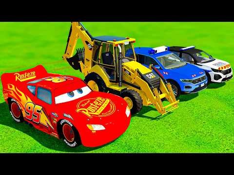 TRANSPORTING MCQUEEN, CAT LOADER, VOLKSWAGEN AND PEUGEOT POLICE CAR, WITH MAN TRUCKS ! FS 22