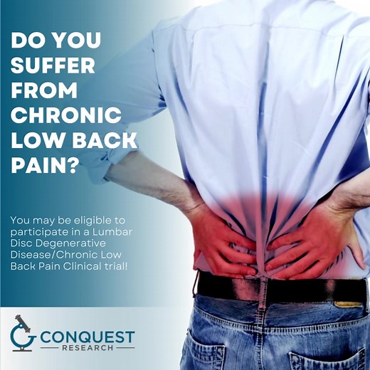 Do you suffer from chronic low back pain? You're not alone. Chronic back pain lasts beyond he typical time it takes for an injury to heal. This pain usually persists for at least 6 months. If you have been experiencing lower back pain for more than 6 months, consider a clinical trial. • All study related care provided at no cost • No insurance required | Conquest Research | Facebook