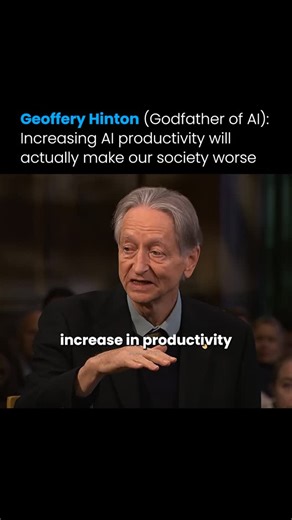 Visionary AI on Instagram: "Geoffrey Hinton warns that rising AI-driven productivity does not automatically translate into broader prosperity. He argues that while AI will significantly increase the production of goods and services, the benefits are likely to flow primarily to large corporations and wealthy owners within a capitalist system. As jobs disappear, income inequality could widen rather than shrink. Hinton cautions that growing inequality creates conditions where social instability and