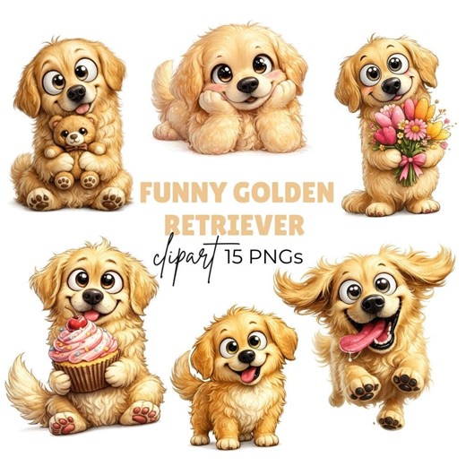Funny Golden Retriever Dog Clipart, Whimsical Graphics (digital Download – 15 PNG) - Etsy