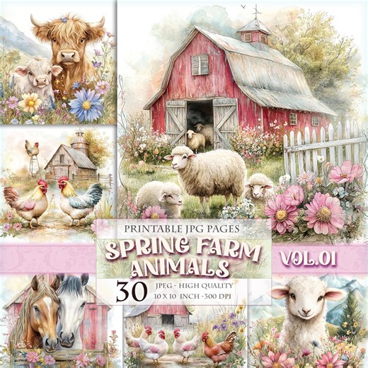 Spring Farm Animals Vol.01, Floral Landscape Clipart, Printable 30 JPG Image, Junk Journal Folio Pages, Scrapbook Ephemera, Instant Download - Etsy