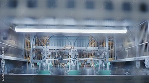 Robotic arms methodically cleaning large cheese wheels through precise, hygienic movements inside state of the art dairy processing facility, showcasing advanced food manufacturing technology