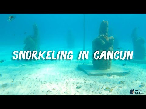 Snorkeling in the turquoise blue water of Cancun along a reef, underwater statues, and a sunken ship
