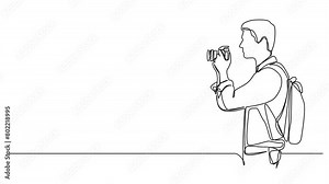 animated continuous single line drawing of man holding DSLR camera, line art animation
