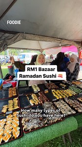 65K views · 502 reactions | Over 40 types Sushi from RM1 at Bazaar Ramadan Bandar Perda #penang #penangfood #penangfoodie | Penang Foodie | Facebook