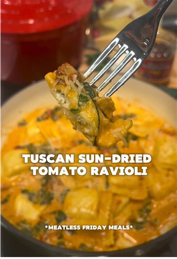 Tuscan Sun-Dried Tomato Ravioli creamy, comforting, and completely meatless. Ingredients: Perfect Pasta Four Cheese Ravioli 12 oz 2 tbsp unsalted butter 1–2 tbsp sun-dried tomato oil (from the jar) 1 tbsp tomato paste ½ cup veggie broth (can sub chicken broth) 1 cup heavy cream 1 tsp Italian seasoning Salt & pepper to taste ½ bunch basil, chopped ½ cup sliced sun-dried tomatoes ½ cup freshly grated Parmesan Spinach (as much as you want) Save this for your next Meatless Friday dinner. #MeatlessFr