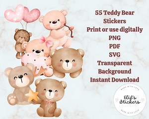 Teddy Bear Stickers, Printable Clipart, Transparent Background (PNG, PDF, SVG) - Etsy UK