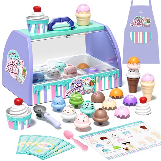 Ice Cream Toy Play Set for Kids, Ice Cream Counter Playset, Ice Cream Shop Toys for Kids, Pretend Play Food Accessories Best Gift for Toddlers 3-5 Girl or Boy