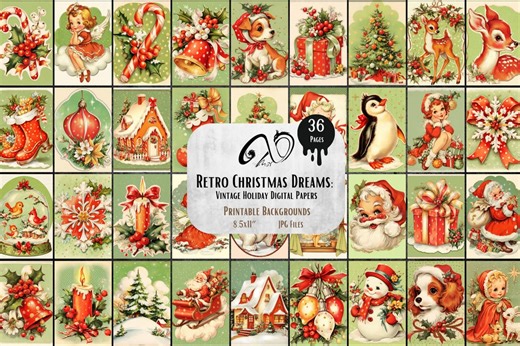 Retro Christmas Digital Paper Pack: Vintage Holiday Ephemera (digital Download) - Etsy