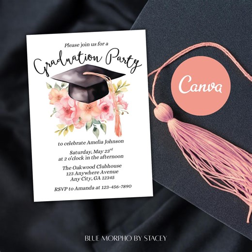 Pink Floral Graduation Party Invitation | Graduation Event (canva Template) - Etsy