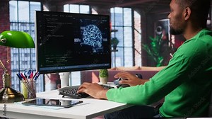 System administrator programming AI brain computerized model of neural network for machine learning, solving tasks on computer. Debugging software algorithm and checking for errors. Camera B.