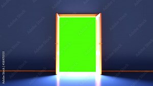 Classic design door opening to green screen, chroma key. 4K Video. Flight forward, entering inside the doorway. Modern minimal concept. 3d animation.