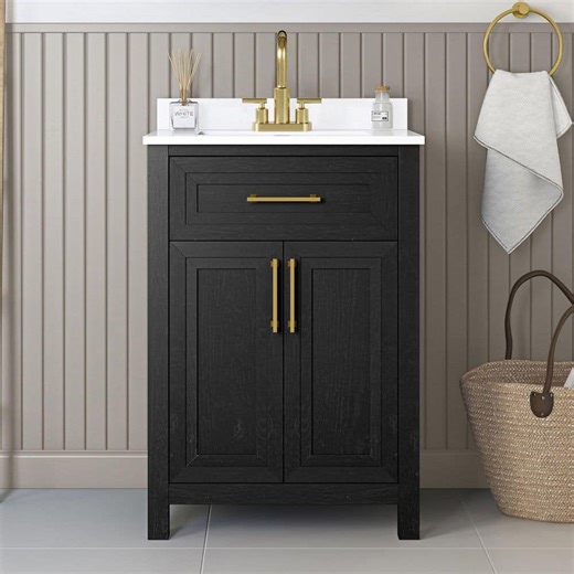 Check The Home Depot's Q&A Before Buying: Home Decorators Collection Beaufort 24 in. Single Sink Freestanding Black Bath Vanity with White Engineered Stone Top (Assembled)