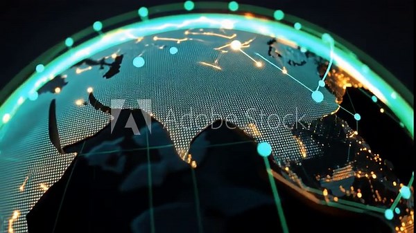 Global Network Connections: A luminous sphere of Earth is interwoven with a complex network of illuminated lines and dots.