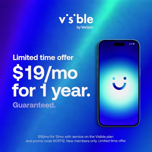 Get Visible for $19/mo for 1 year, powered with unlimited data. | Visible