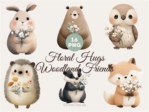 Watercolor Woodland Animals Clipart: Baby Forest Animal PNG With Flowers (commercial Use) - Etsy