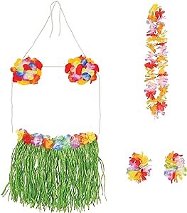Beistle 5 Piece Adult Size Hawaiian Hula Skirt Costume Set For Tropical Luau Theme Party Supplies, Celebrating With You Since 1900