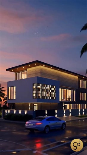 Genre of Design on Instagram: "This design explores the intersection of heavy massing and light transparency. The structure features a prominent cantilevered roofline that provides both solar shading and a bold horizontal silhouette. The facade is articulated with a blend of natural wood cladding, smooth white plaster, and a custom geometric screen that creates a dynamic light-and-shadow play across the interior. Strategic ambient lighting is integrated into the soffits and landscape to emphasiz