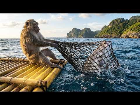 Satisfying ASMR: Monkeys Build a Bamboo Raft & Survive on a Giant Fish!