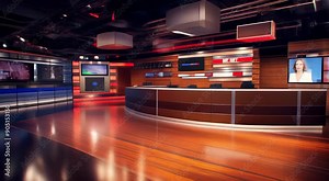 Modern television studio decked out with multiple video screens, red and black detailing, and bright studio lights.