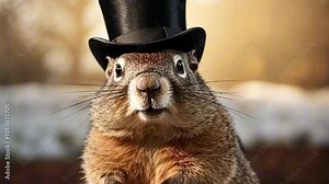 A charming groundhog dressed in a top hat greets spectators during the Groundhog Day festivities in a snowy environment