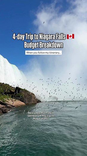 A 4-DAY TRIP to Niagara Falls 🇨🇦 BUDGET BREAKDOWN 📌 Save this post if you’re planning a trip to Niagara Falls and want to know exactly what it costs! STAY: 🏨 Marriott Fallsview Hotel & Spa - Fallsview Rooms start at about $239 per night with panoramic views of Horseshoe Falls. DO: Day 1: Zipline to the Falls ($84), Niagara City Cruise ($49), and a Helicopter Ride over the Falls ($203). Day 2: Niagara Parks Adventure Pass Plus ($125) covers Journey Behind the Falls, the Tunnel, Butterfly Cons