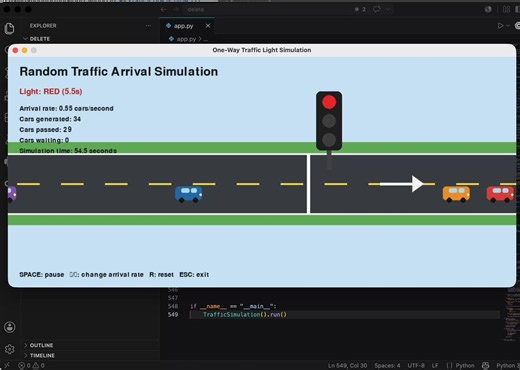 GPT-5.5 Extended Pro: write a python code that visualizes how a traffic light works in a one way street with cars entering at random rate.