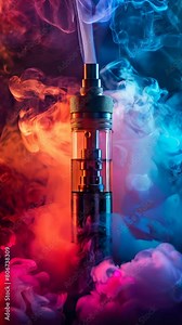 A vape is shown with a colorful background and smoke. Scene is somewhat mysterious and intriguing, as the vape is the main focus and the smoke adds an element of mystery