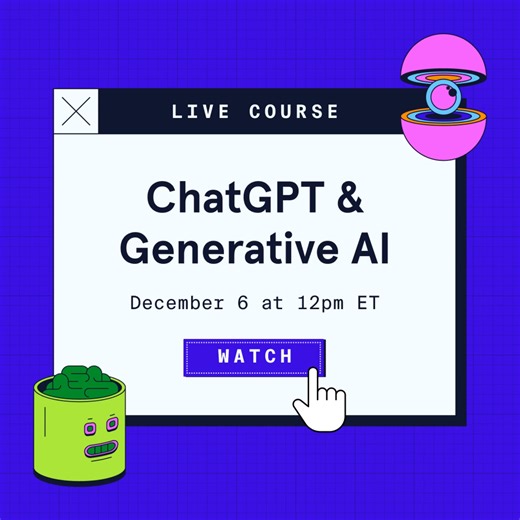 21 reactions | Can you believe that ChatGPT launched a year ago today? 勞 It’s been a huge year for generative AI, which is why it’s more important than ever to learn how to use it. Join us on December 6 for a 3.5-hour-long session on #ChatGPT & #GenerativeAI. Unlike the rest of our self-guided courses, this is a virtual, expert-led session that’ll take place in real time. https://bit.ly/3sA0vYV | Codecademy | Facebook