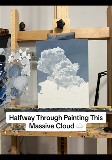 Working on a new cloudscape today. This massive cumulus cloud had amazing structure and depth, so I simplified the original scene and turned it into my own landscape. Still halfway through, but the volume of the cloud is already starting to appear. If you’d like to learn how to paint skies and clouds like this, I teach the full process in my painting courses. You can find them through the link in my bio. #clouds #art #oilpainting #realism #artprocess