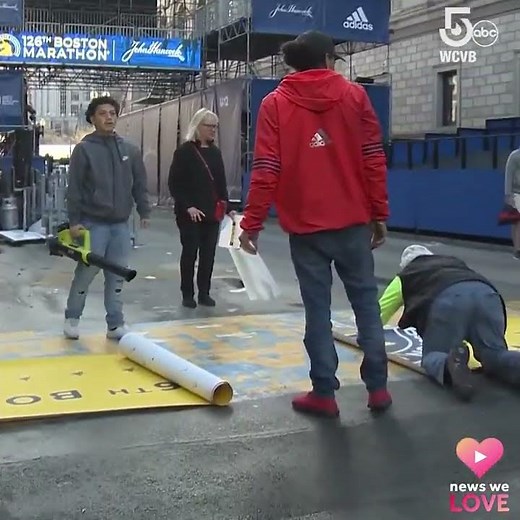 Finish line installed on Boylston Street for Boston Marathon