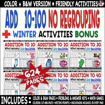 Winter Math Centers Bundle, Addition Practice 10–100 Without Regrouping Puzzles