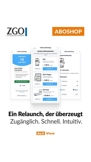 ActiView GmbH on Instagram: "Von der Paywall zum Abo in Rekordzeit? Challenge accepted! 🤳 Der Checkout ist oft die größte Hürde für User – genau da setzt unser neuer Aboshop für die Zeitungsgruppe Ostfriesland (ZGO) an. Die Mission: Digitale Abos so easy machen wie einen Coffee-to-go ☕ Das steckt unter der Haube:⚡ High-Speed Checkout: Weniger Klicks, mehr Conversion.🧩 4 Marken, 1 Engine: Ob @oz_online.de , @on_online.de , @ga_online.de oder @borkumerzeitung – jeder Shop hat seine eigene Identi