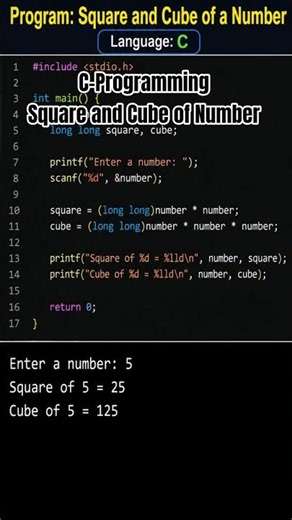 C Programming में Square और Cube कैसे निकालें? 💻 #shorts