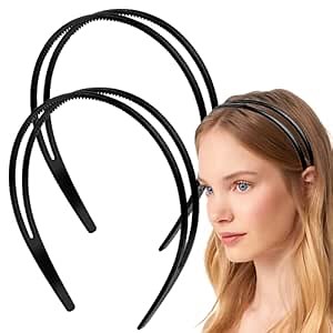 Dazzhues 2 Count Simple and Chic Headbands, Plastic Hair Styling Headband with Non-slip Double Row Teeth Design for Women, Black (1 Pack of 2)