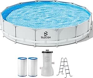 SLOOSH Round Above Ground Pool - 15ft x 42inch Outdoor Round Frame Above Ground Swimming Pool Set Kiddie Pool for Kids Adults with Filter Pump Ladder