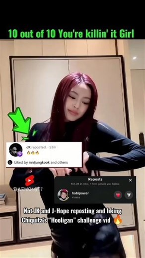 BTS JK & Jhope liked and reposted Chiquita's Hooligan dance challenge 🔥 #베이비몬스터 #chiquita #shorts