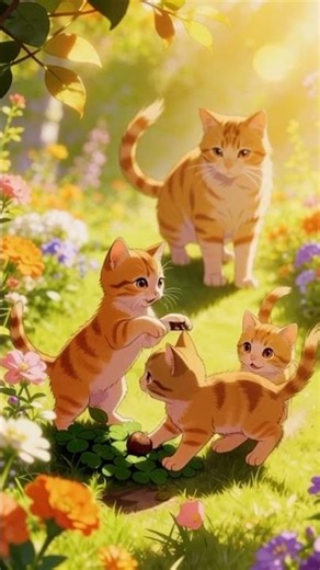 Mother Cat & 3 Kittens Enjoying Garden | Cute Anime Short