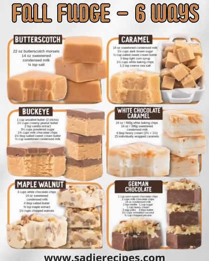 🍁 FALL FUDGE 6 WAYS — Cozy, Creamy & Irresistible! 🍫🍂 Fall is the sweetest time to whip up rich, melt-in-your-mouth fudge! These six easy fudge recipes capture all your favorite autumn flavors — perfect for sharing, gifting, or snacking by the fireplace. 😋 🍬 1. Butterscotch Fudge Flavor: Warm, buttery, and nostalgic! Ingredients: 2 cups butterscotch chips 1 can sweetened condensed milk 1 tsp vanilla extract Instructions: Melt chips with condensed milk over low heat. Stir in vanilla and pour