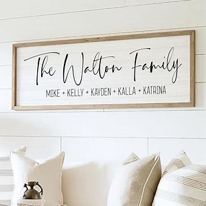 Personalized Framed Family Name Sign (6"x 18", Weathered Grey Frame, White Background)