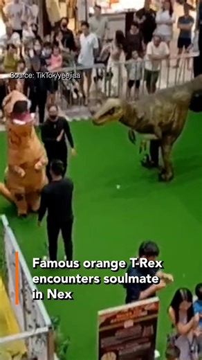 Before Mixue and the green frog rose to power, there was an orange T-Rex that popped up every so often to put a smile on our faces. A video posted on Sunday (Jun 18) showed us the adorable dinosaur encountering its soulmate at a Jurassic World pop-up exhibition in Nex. Things did not go as expected. | AsiaOne