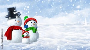 Snowman Family on a Winter Day 4K Loop features a snowman family with falling snow and moving clouds in a loop and ready for your personal message to be added